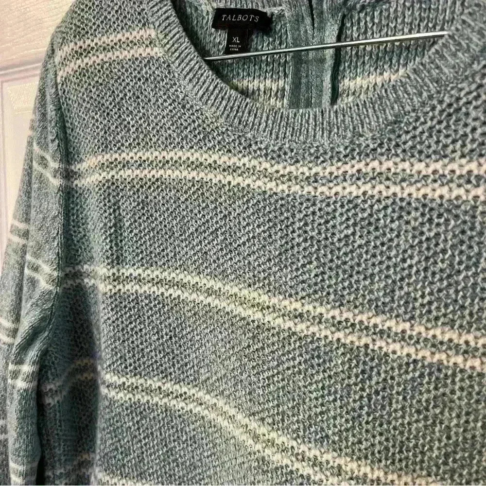 Talbots Striped Crew Neck Sweater with Zipper Size XL, Blue Green Cream